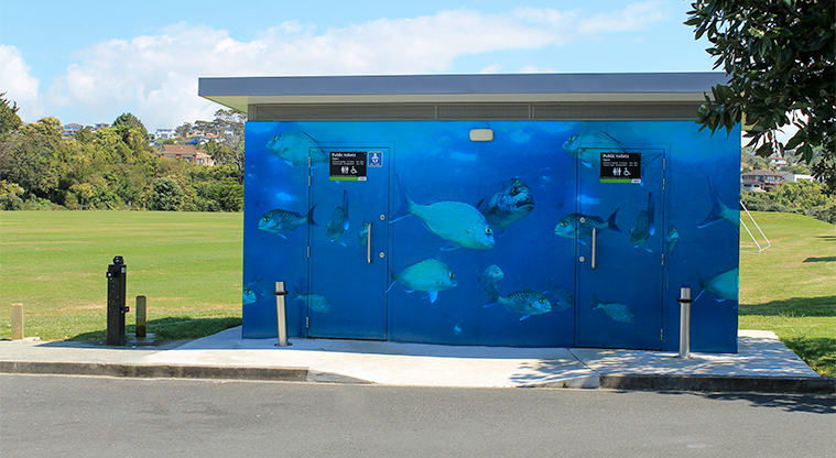 Gulf Harbour Recreation Reserve – Toilet block decorated with a painting of fish in the ocean. Drinking fountain to the left of building. Photo credit: M Loubser.