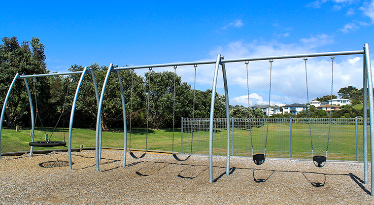 Gulf Harbour Recreation Reserve - Children's swing set with two baby seats, two regular seats and a basket swing. Photo credit: M Loubser