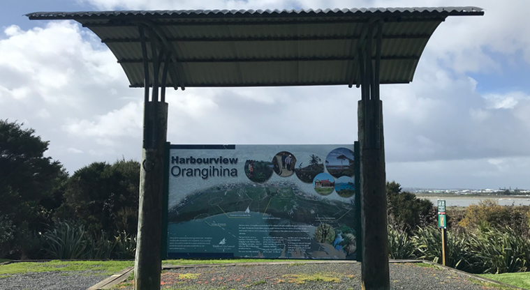 Harbourview - Orangihina Park - Large sheltered information board showing areas of interest around the park.