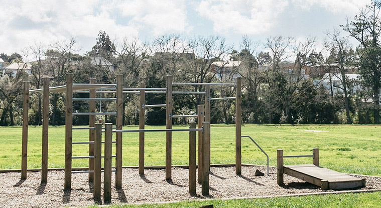 Henderson Park - Cluster of fitness equipment in the middle of the park.
