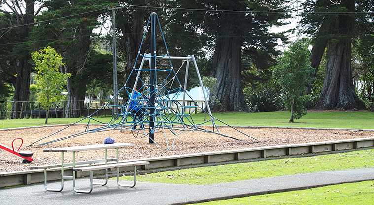 Henderson Valley Park - Climbing nets for older children and a picnic table in the foreground. Photo credit: Tracey Hodder.