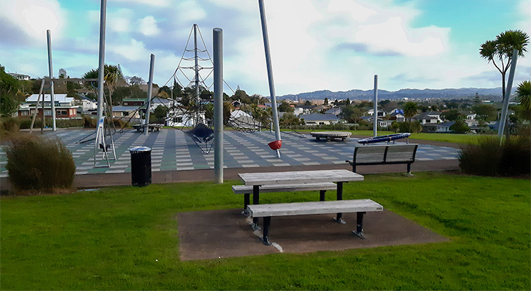 Heron Park - Playground with bucket swing, swings, climbing sculpture, supernova and spinning bucket. Picnic bench, rubbish bin and bench on the edge of playground.