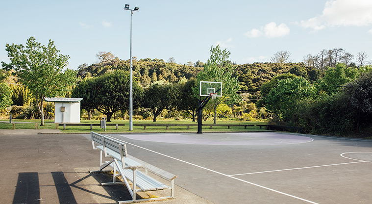 Hooton Reserve - Basketball court with the toilet and trees in the background. Photo credit: Jay Farnworth.