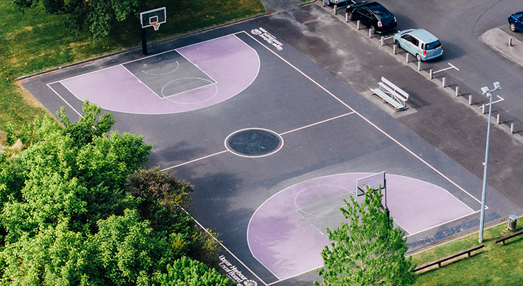 Hooton Reserve - Drone shot of the full basketball court. Photo credit: Jay Farnworth.