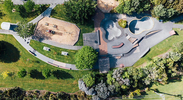 Hooton Reserve - Drone shot of the skate park and part of the playground. Photo credit: Jay Farnworth.