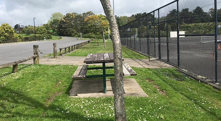 Huapai Recreation Reserve - Entrance to car park, picnic table and tennis courts.