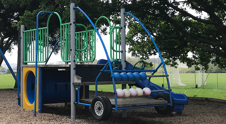 Huapai Recreation Reserve - Climbing frame in the shape of a car with tunnel, spinning balls, steering wheels and tyres.