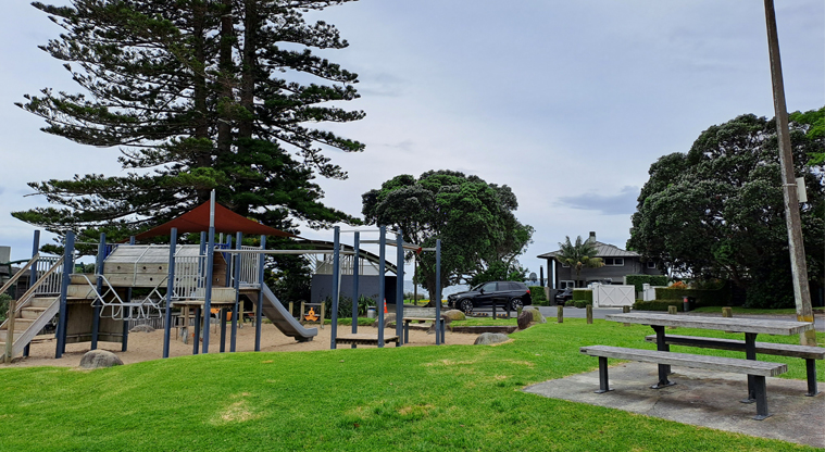 Poa Taniwha / Huntly Road Reserve - Picnic table next to the playground. Photo credit: M Woodside.