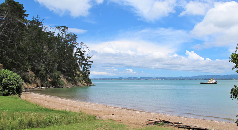 Kauri Point Domain - Fitzpatrick Bay Beach and view across Soldiers Bay.