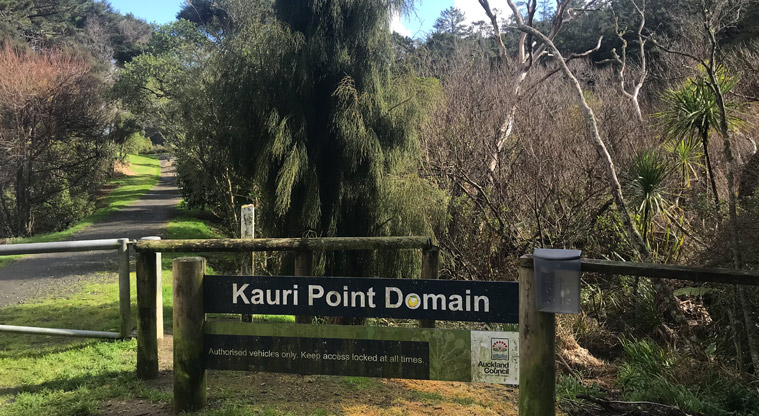 Kauri Point Domain - Sign on the gate at the entrance to the park.