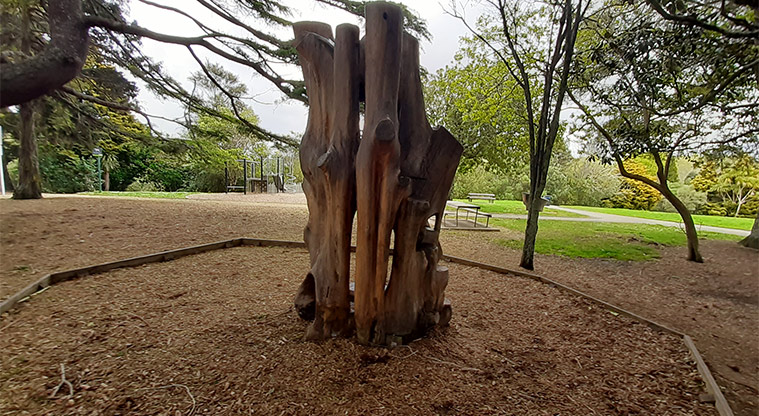 Kell Park - Large tree stump with the playground in the background.