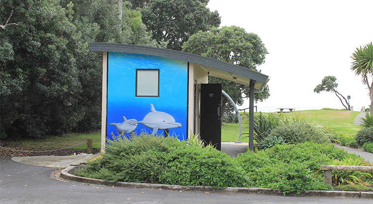 Kinlock Reserve - Toilet block with dolphins painted on the end wall. Photo credit: M Loubser.