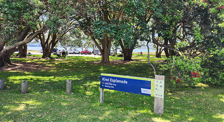 Kiwi Esplanade - Sign at the entrance to the park with trees and the car park in the background.