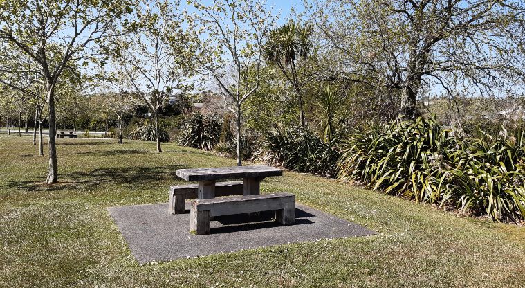 Lake Panorama - Grassed area with trees and picnic table.