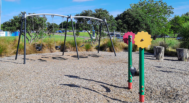 Lloyd Elsmore Park - Set of four swings and a small sling swing. Photo credit: S Hulse.