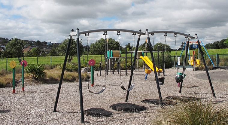 Lloyd Elsmore Park - Playground with swings, climbing equipment and a slide.