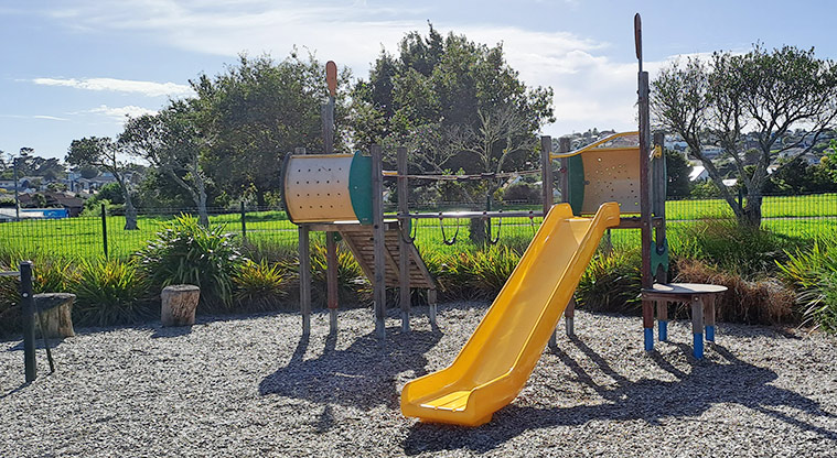 Lloyd Elsmore Park - Junior play module with a bright yellow slide. Photo credit: S Hulse.