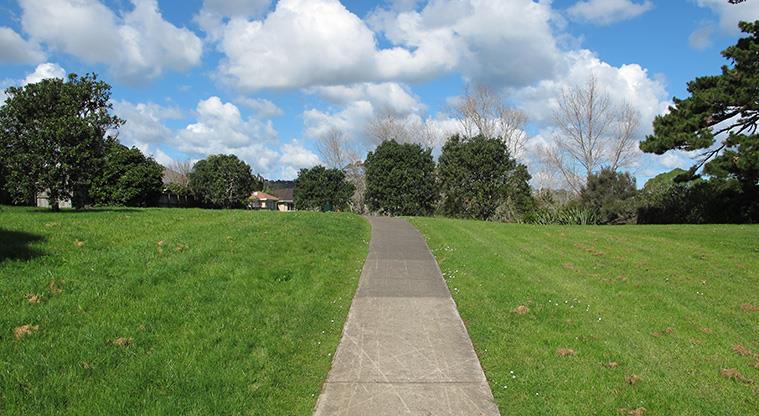 Logan Carr Reserve - A section of path through the reserve with trees and houses in the background.