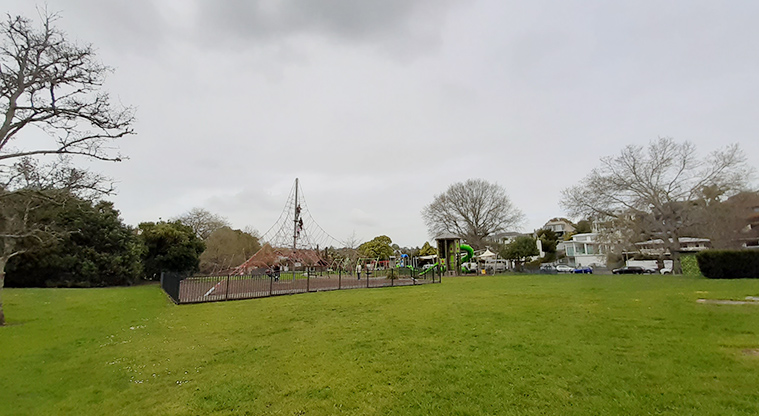 Madills Farm Recreation Reserve - Open grassed space with the spider climbing net and playground in the background.