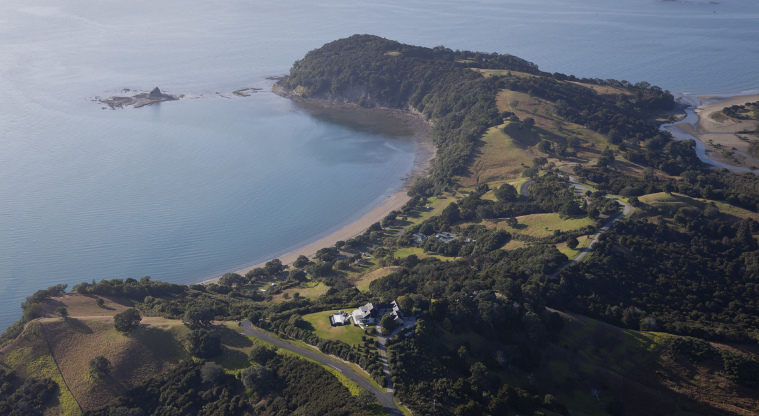 Mahurangi West Regional Park - Aerial view of Otarawao Bay (Sullivans Bay) and Pudding Island.