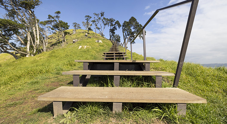 Te Pane o Mataoho / Te Ara Pueru / Māngere Mountain - Stairs leading up to the tihi (summit).