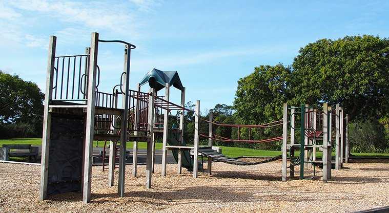 Mānutewhau / Manutewhau Reserve - Playground with climbing equipment and wobbly bridge. Photo credit: Tracey Hodder.