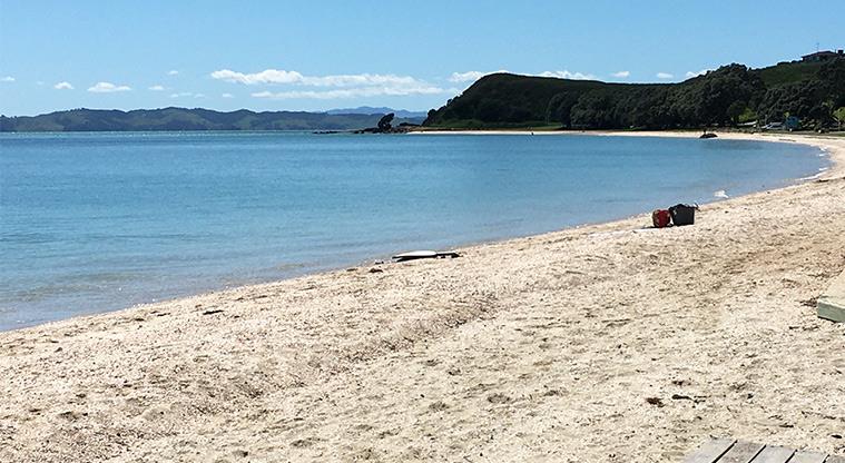 Maraetai Beach - View of the white sand and shell beach to the headland in the east. Photo credit: S Hulse.