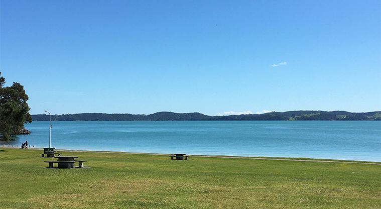 Maraetai Park - Open grassed area with picnic tables and the beach. Photo credit: S Hulse.