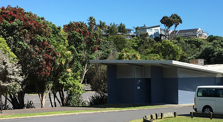 Maraetai Park - Part of the toilet block and car park. Photo credit: S Hulse.