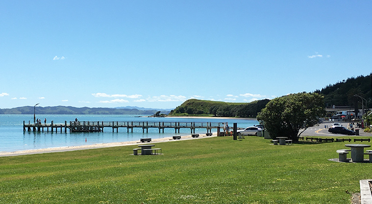 Maraetai Park - Open space with the sea and wharf in the background. Photo credit: S Hulse.