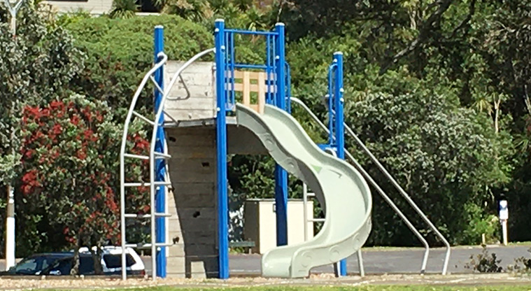 Maraetai Park - Climbing wall and bars, and a high slide with a curve at the bottom. Photo credit: S Hulse.