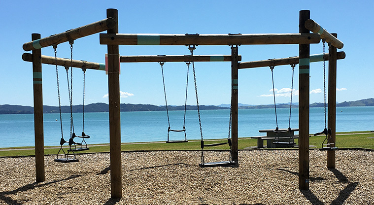 Maraetai Park - Set of six swings in a hexagonal frame. Photo credit: S Hulse.