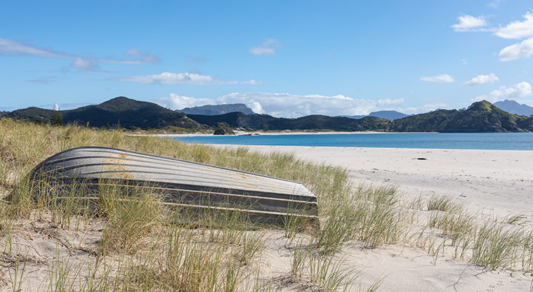Medlands Beach - Sand dunes with an upside-down dinghy, and Oruawharo Bay in the background.