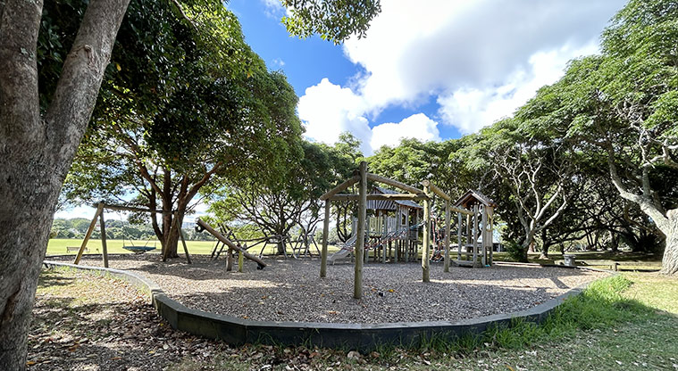 Melville Park - Wooden playground under the trees with climbing nets and towers, platforms, wobbly bridge, and more. Photo credit: S Hulse.
