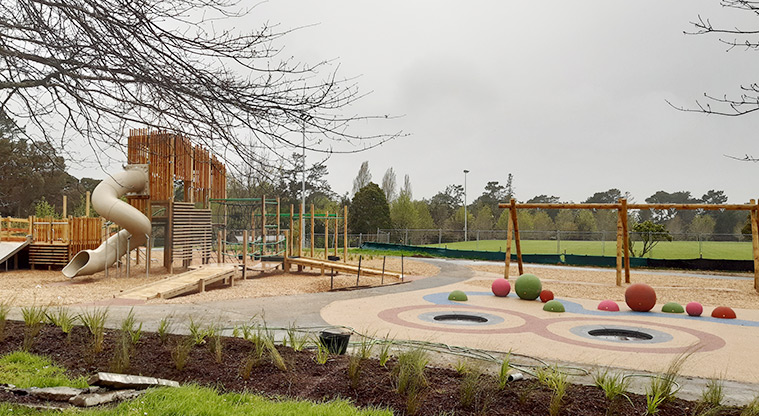 Moire Park - Playground with a large play module with lots of climbing and sliding equipment, inground trampolines, balancing trails, and more.