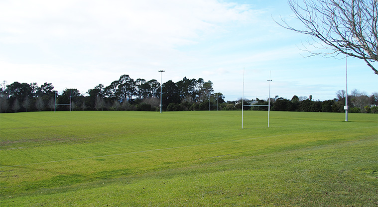 Moire Park - The sports fields and flood lights with trees in the background. Photo credit: Tracey Hodder.