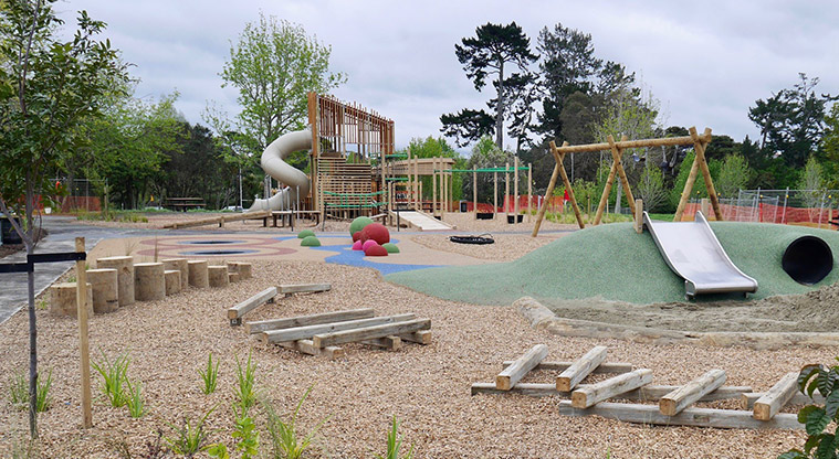 Moire Park - Playground with a large play module with lots of climbing and sliding equipment, inground trampolines, sand play, balancing trails, and more.