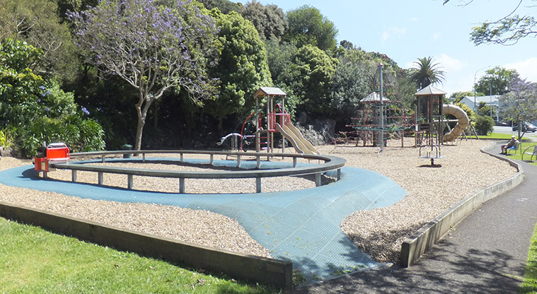 Maungawhau / Mount Eden – Large playground with lots of climbing equipment, slides, mini train track, and more. Photo credit: J Grigg.