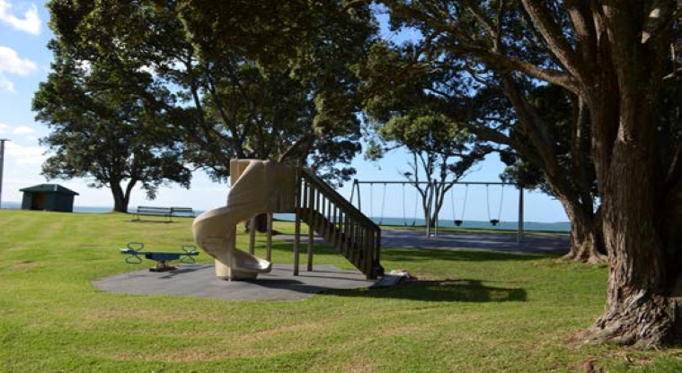 Narrow Neck Beach - Standalone wooden stairs and spiral slide, with the swings and trees in the background.