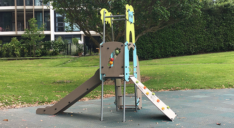 Nixon Park - Junior play module with ladder, climbing wall and slide. Photo credit: S Hulse