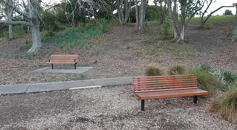 Normanton Reserve - Seats under the trees by the playground. Photo credit: S Hulse.