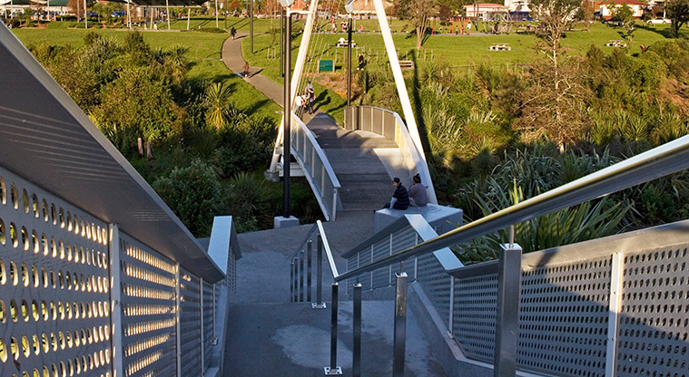 Olympic Park - Steps down to the bridge crossing the Avondale Stream.