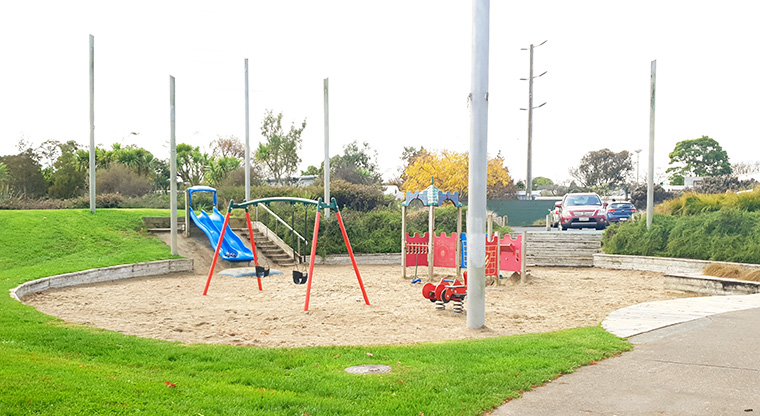 Olympic Park - Play equipment in a large sandpit on the Wolverton Street side of the park.