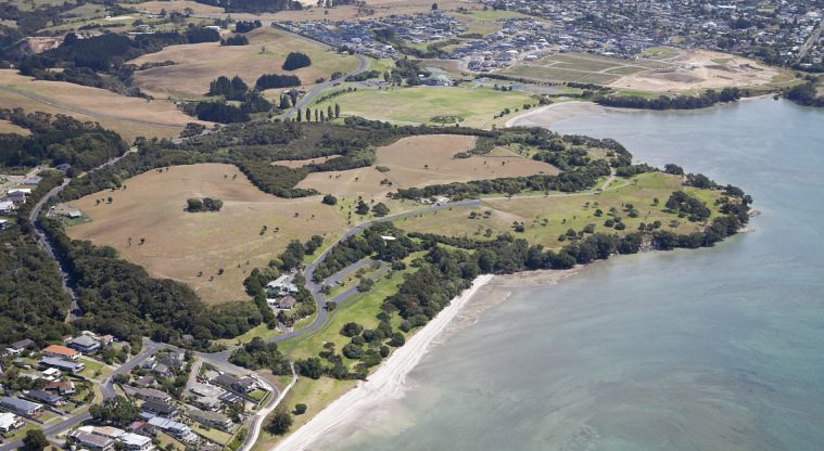 Ōmana Regional Park - Aerial view looking towards Te Puru Park and Beachlands.