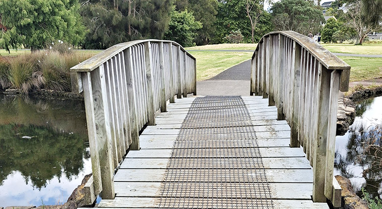 Onepoto Domain - The bridge inside the park is sloped and has an uneven surface.