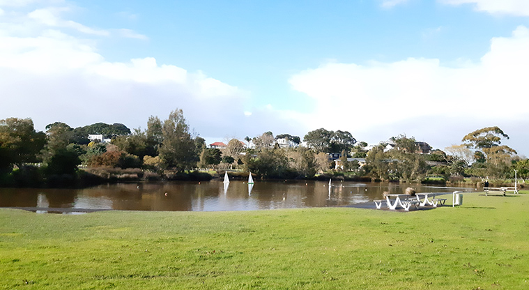 Onepoto Domain - One of the lakes with open space and picnic tables in the foreground, and trees and houses in the background.
