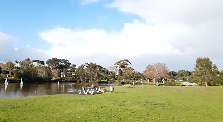 Onepoto Domain - One of the lakes with open space and picnic tables in the foreground, and trees and houses in the background.