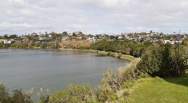 Ōrākei Basin Reserve - View over the basin with the path and trees in the foreground and background.