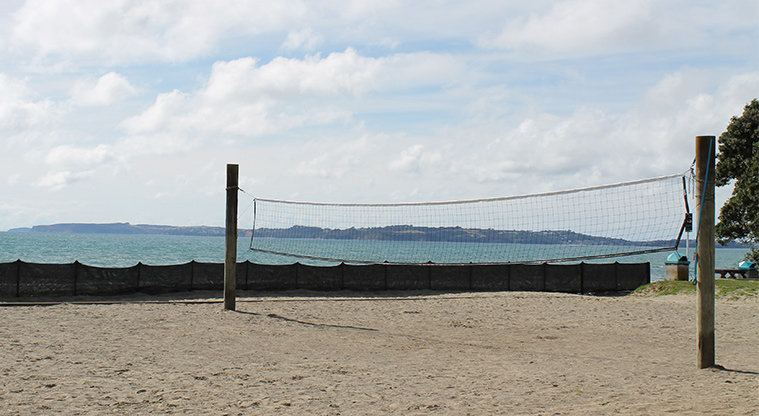 Ōrewa Domain - Volleyball court and net with the beach in the background. Photo credit: M Loubser.