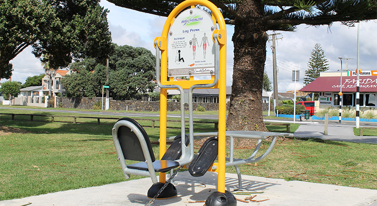Ōrewa Reserve - Leg press machine that makes up part of the group of fitness equipment. Photo credit: M Loubser.